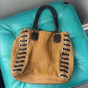 Rampage large tan woven straw bag purse statement stitching boho western y2K